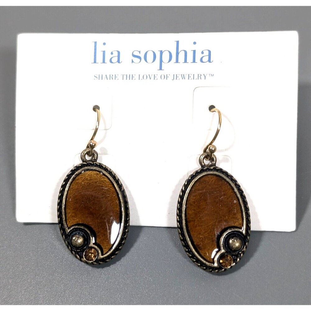 Lia Sophia Kiam Family‎ Brown Bronze tone Oval Drop Pierced Earrings NEW